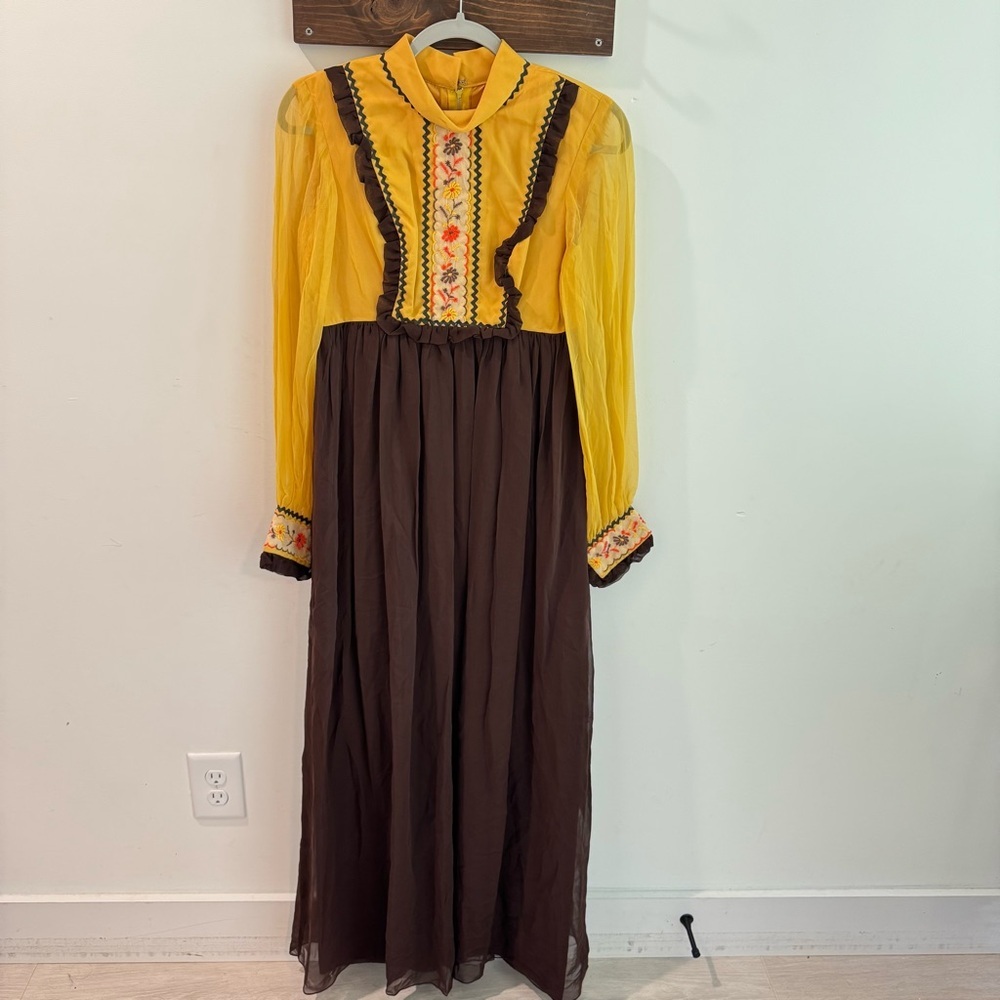 Vintage Late 1960s Early 1970s Embroidered Bohemian Prairie Dress Brown Mustard